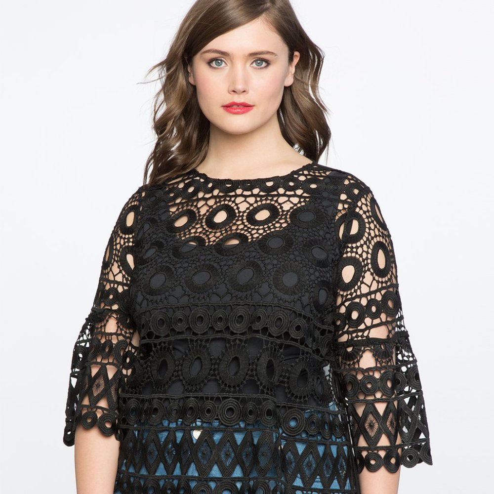 Eloquii Studio Lace Flounce Top, Black, Size 20